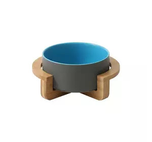 Керамическая миска для собак и кошек на деревянной подставке 400 мл Серо - голубая