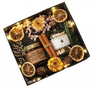 Подарочный набор с аромасвечой , спичками и гирляндой в упаковке Черный